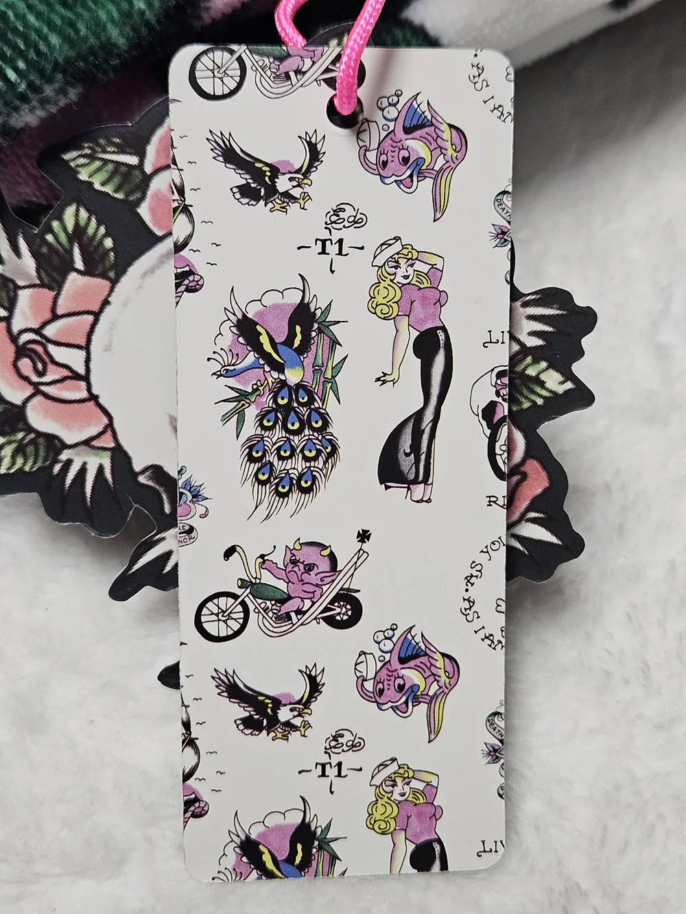 Ed Hardy 1 Bath Towel White with Pink & Black Tattoo Peacock Woman Biker Print